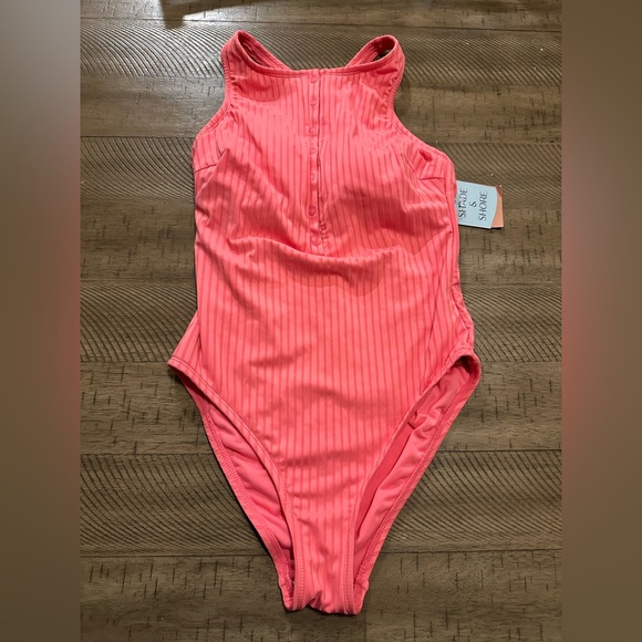 NWT Shade & Shore Ribbed Snap-Front High Neck One Piece Swimsuit - Coral M - Picture 2 of 6